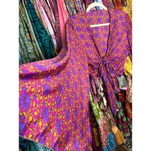 100% SILK CROP BELL Pink Fits XS-X Bell Sleeve Tan Floral Dream All Silk